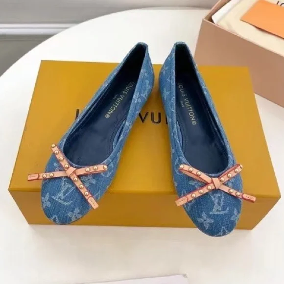 Women's Louis Vuitton Monogram Denim Bow Studded Ballet Flats in Blue - Picture 1 of 5